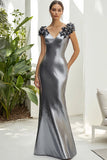 Dark Grey V Neck Satin Sheath Long Formal Dress with 3D Flowers