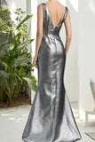Dark Grey V Neck Satin Sheath Long Formal Dress with 3D Flowers