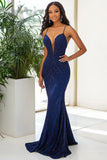 Navy Sparkly Spaghetti Straps Beaded Mermaid Long Formal Dress