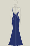 Navy Sparkly Spaghetti Straps Beaded Mermaid Long Formal Dress