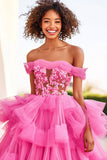 Fuchsia Ball Gown Applique Tiered Long Formal Dress with Ruffles
