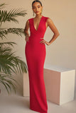 Elegant Red Sheath V-Neck Long Formal Dress