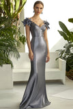 Dark Grey V Neck Sheath Long Formal Dress with 3D Flowers