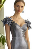 Dark Grey V Neck Sheath Long Formal Dress with 3D Flowers