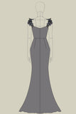 Dark Grey V Neck Sheath Long Formal Dress with 3D Flowers