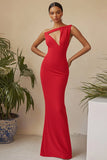 Red One Shoulder Cut Out Sheath Long Formal Dress