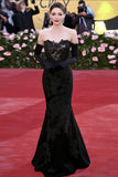Black Sweetheart Lace Applique Sheath Maxi Formal Dress