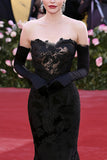 Black Sweetheart Lace Applique Sheath Maxi Formal Dress
