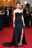 Black Strapless Satin Long Bow Formal Dress with Slit
