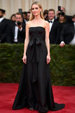 Black Satin Strapless A Line Formal Dress with Bow