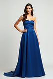 Navy Strapless Sweetheart Satin A Line Long Formal Dress