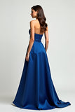 Navy Strapless Sweetheart Satin A Line Long Formal Dress