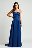 Navy Strapless Sweetheart Satin A Line Long Formal Dress