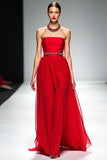 Red Strapless A Line Long Formal Dress with Belt