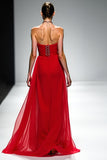 Red Strapless A Line Long Formal Dress with Belt