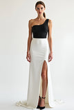 Sheath Black White One Shoulder Satin Long Formal Dress with Slit