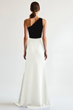 Sheath Black White One Shoulder Satin Long Formal Dress with Slit