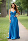 Dark Blue Strapless Sweetheart Ruched Satin Long Formal Dress