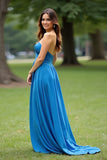 Dark Blue Strapless Sweetheart Ruched Satin Long Formal Dress