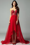 Red Sweetheart Corset A Line Beaded High-Low Formal Dress