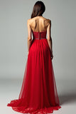 Red Sweetheart Corset A Line Beaded High-Low Formal Dress