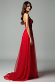 Red Sweetheart Corset A Line Beaded High-Low Formal Dress