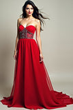 Sparkly Red Corset A Line Long Backless Formal Dress with Beading
