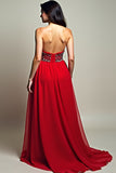 Sparkly Red Corset A Line Long Backless Formal Dress with Beading