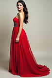 Sparkly Red Corset A Line Long Backless Formal Dress with Beading