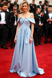 Light Blue Off the Shoulder A Line Floor Length Formal Dress
