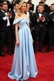 Light Blue Off the Shoulder A Line Floor Length Formal Dress
