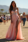 Blush A Line Corset Beaded Long Formal Dress with High Slit