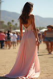 Blush A Line Corset Beaded Long Formal Dress with High Slit