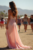Blush A Line Corset Beaded Long Formal Dress with High Slit