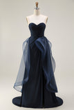 Navy Satin Mermaid Strapless Long Ruffled Prom Dress with Cape