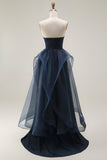 Navy Satin Mermaid Strapless Long Ruffled Prom Dress with Cape