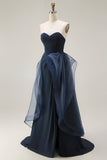 Navy Satin Mermaid Strapless Long Ruffled Prom Dress with Cape