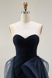 Navy Satin Mermaid Strapless Long Ruffled Prom Dress with Cape