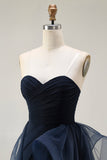Navy Satin Mermaid Strapless Long Ruffled Prom Dress with Cape
