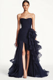 Strapless Ruched Mermaid Navy Ruffled Formal Dress with Slit