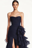 Strapless Ruched Mermaid Navy Ruffled Formal Dress with Slit