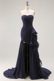 Navy Ruffled Mermaid Strapless Long Formal Dress with Side Cape