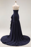 Navy Ruffled Mermaid Strapless Long Formal Dress with Side Cape
