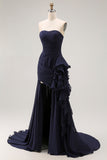 Navy Ruffled Mermaid Strapless Long Formal Dress with Side Cape