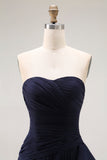 Navy Ruffled Mermaid Strapless Long Formal Dress with Side Cape