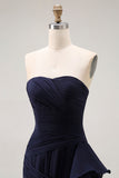 Navy Ruffled Mermaid Strapless Long Formal Dress with Side Cape