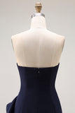 Navy Ruffled Mermaid Strapless Long Formal Dress with Side Cape