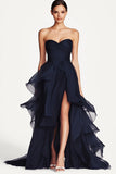A Line Navy Sweetheart Ruffled Formal Dress with Slit