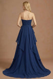 Navy Sweetheart A Line Ruffled Backless Long Prom Dress
