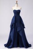 Navy Sweetheart A Line Ruffled Backless Long Prom Dress